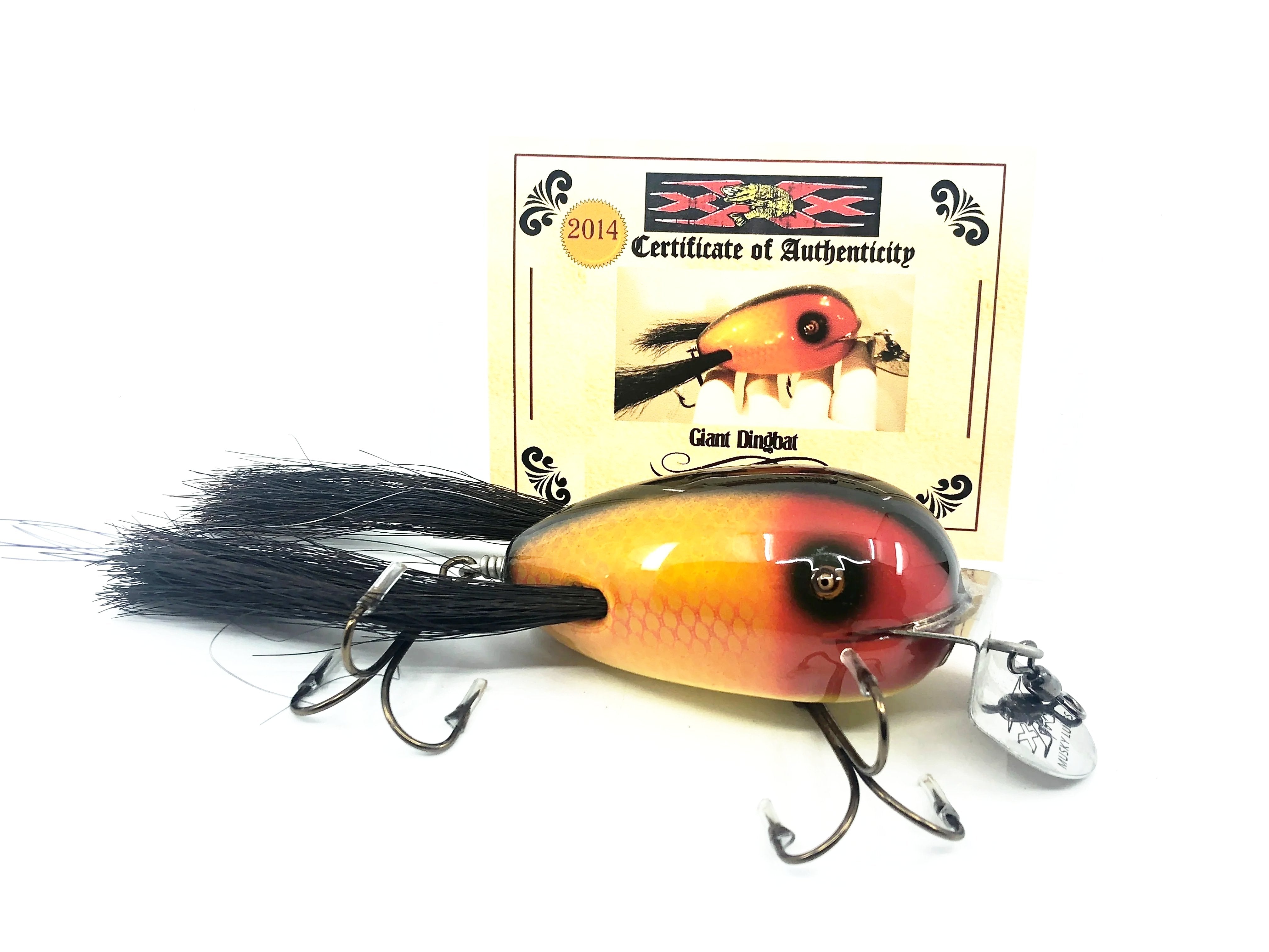 ding bat fishing lure Musky Dan (XXX Lures) Giant Dingbat 3 7/8", Gold Scale/Red Head/Yellow Body  w/COA