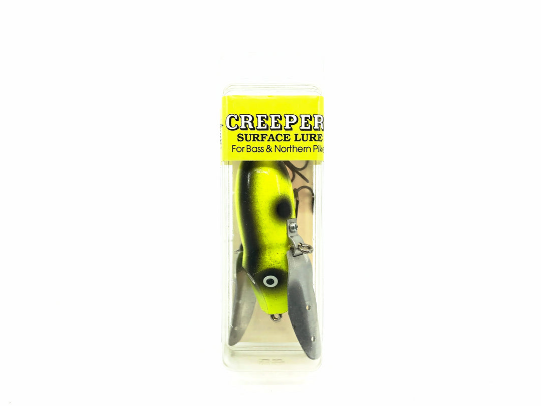 Hi-Fin Bass Creeper Lure, Chartreuse/Black Dots/Orange Belly Color in Box