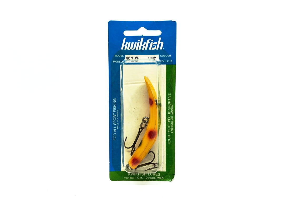 Pre Luhr-Jensen Kwikfish K10, YE Yellow Red/Black Spots Color New on Card Old Stock