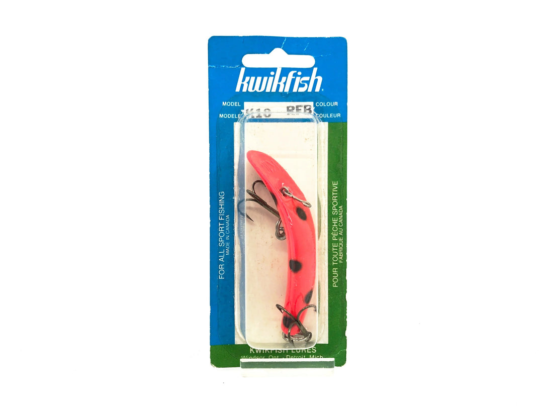 Pre Luhr-Jensen Kwikfish K10, RFB Red Fluorescent Black Spots Color New on Card Old Stock