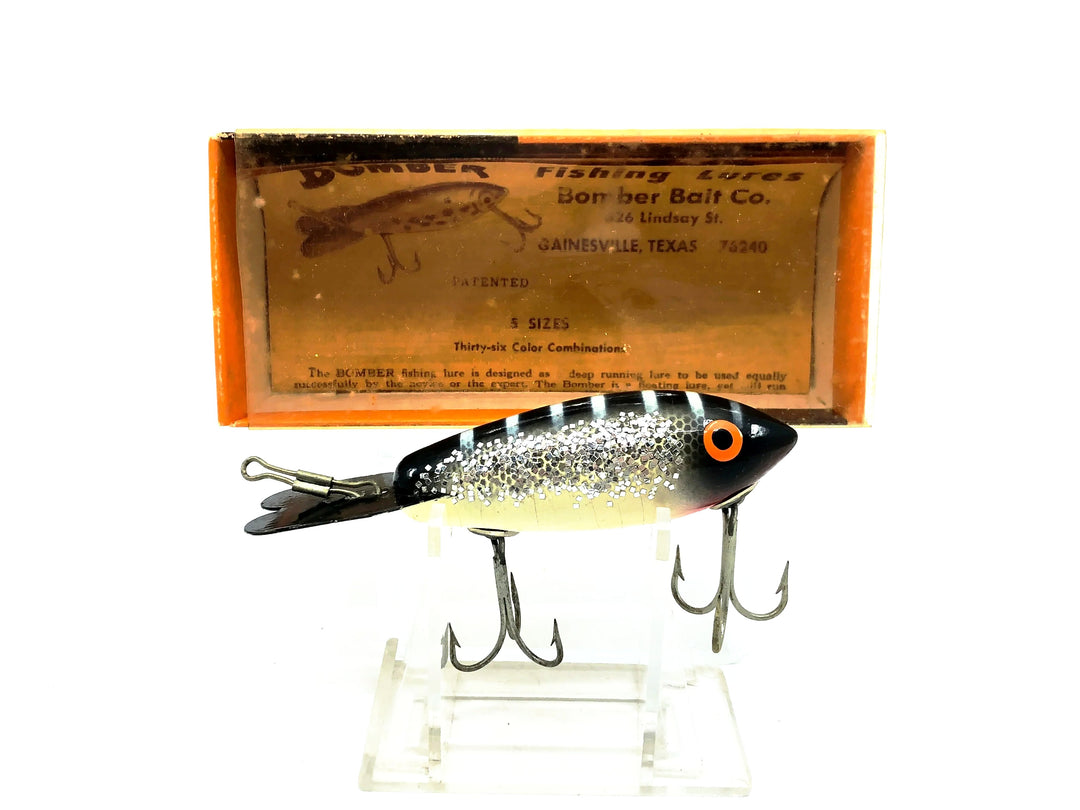 Bomber Wooden 500 Series, #72 Black Back/White Belly/Silver Sparkles Color with Box (572)