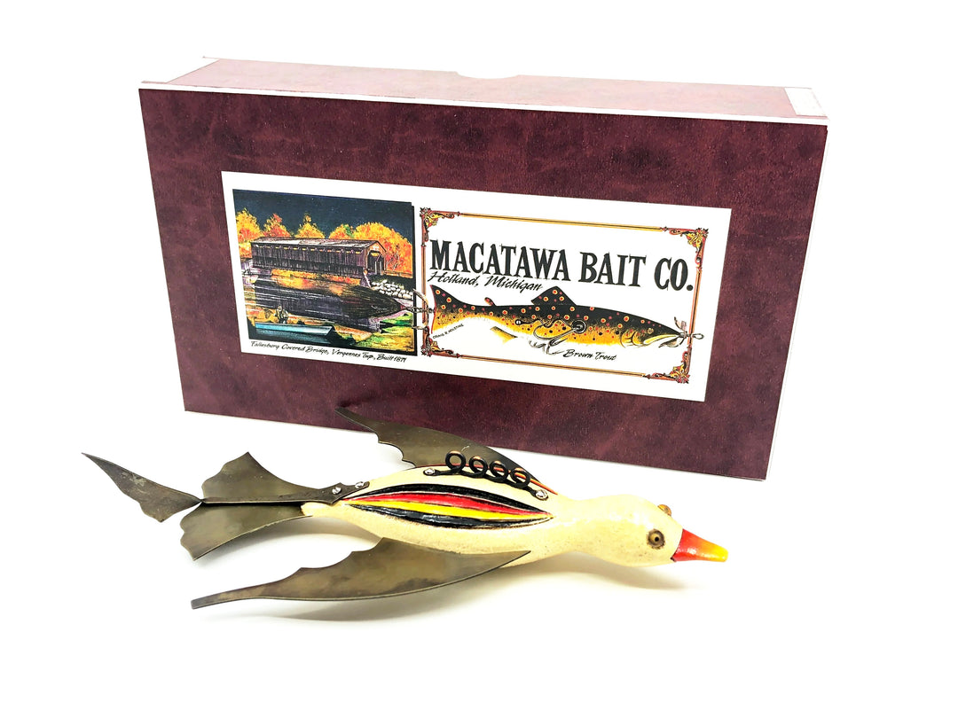 Macatawa Bait Co. Duck Decoy, White/Orange/Yellow & Black Lure w/Box