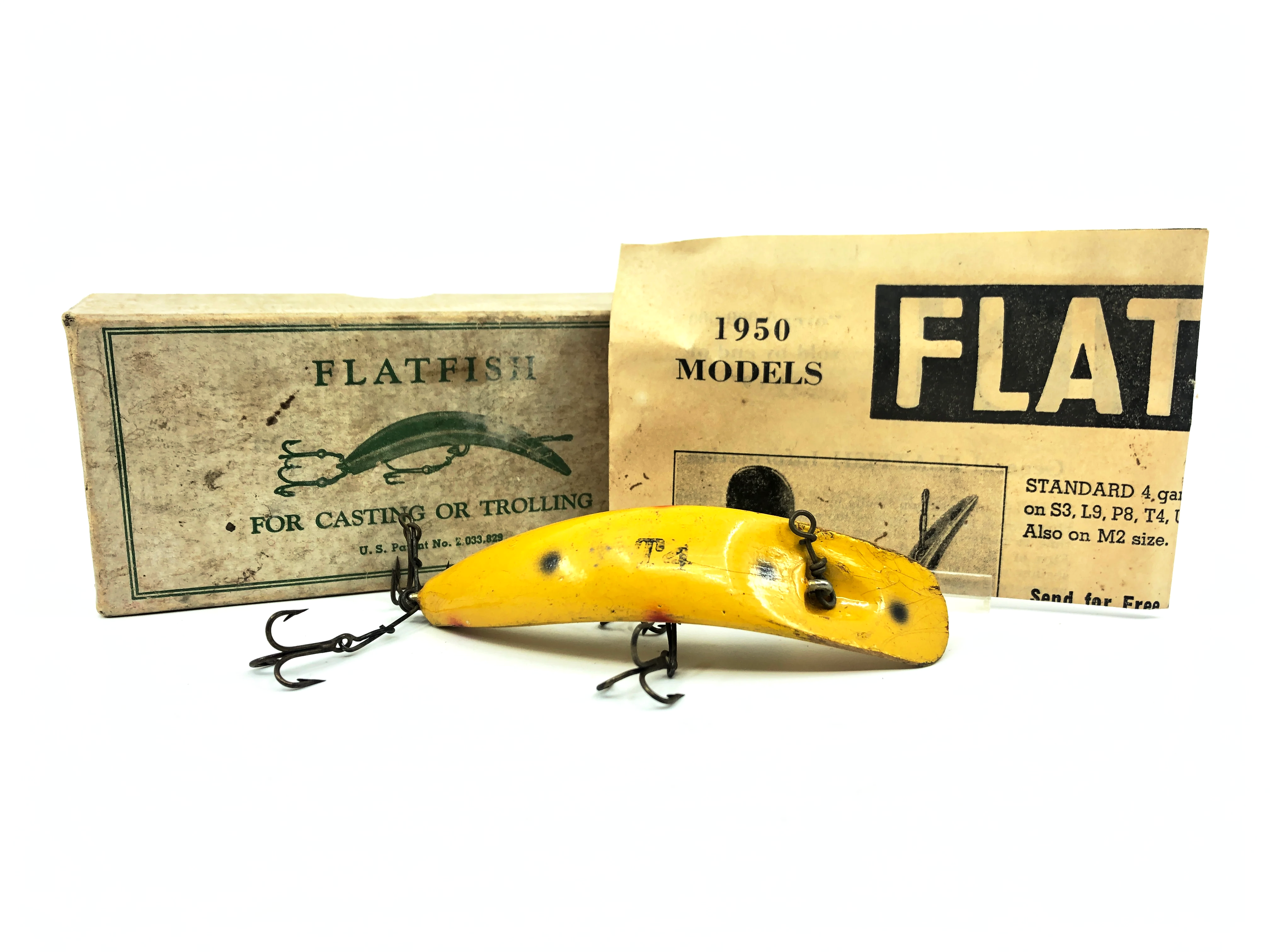 1950 fishing lure Vintage Helin Flatfish T4, Yellow Color with Box