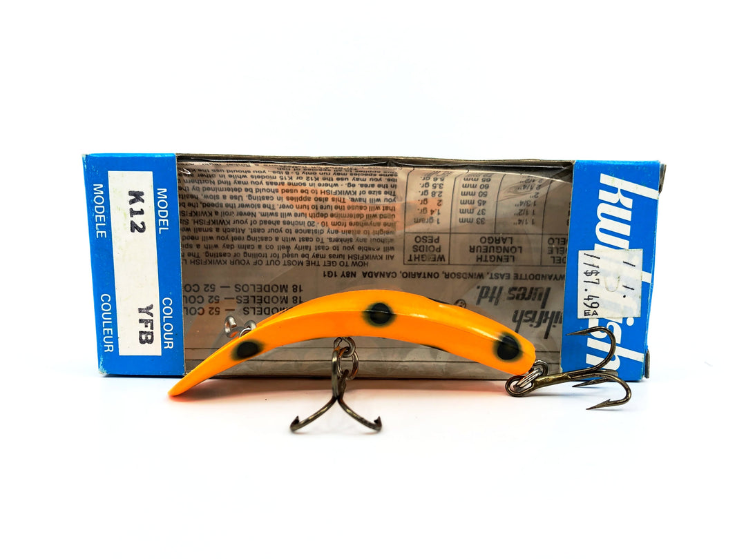 Pre Luhr-Jensen Kwikfish K12, YFB Yellow Fluorescent/Black Spots Color New in Box Old Stock