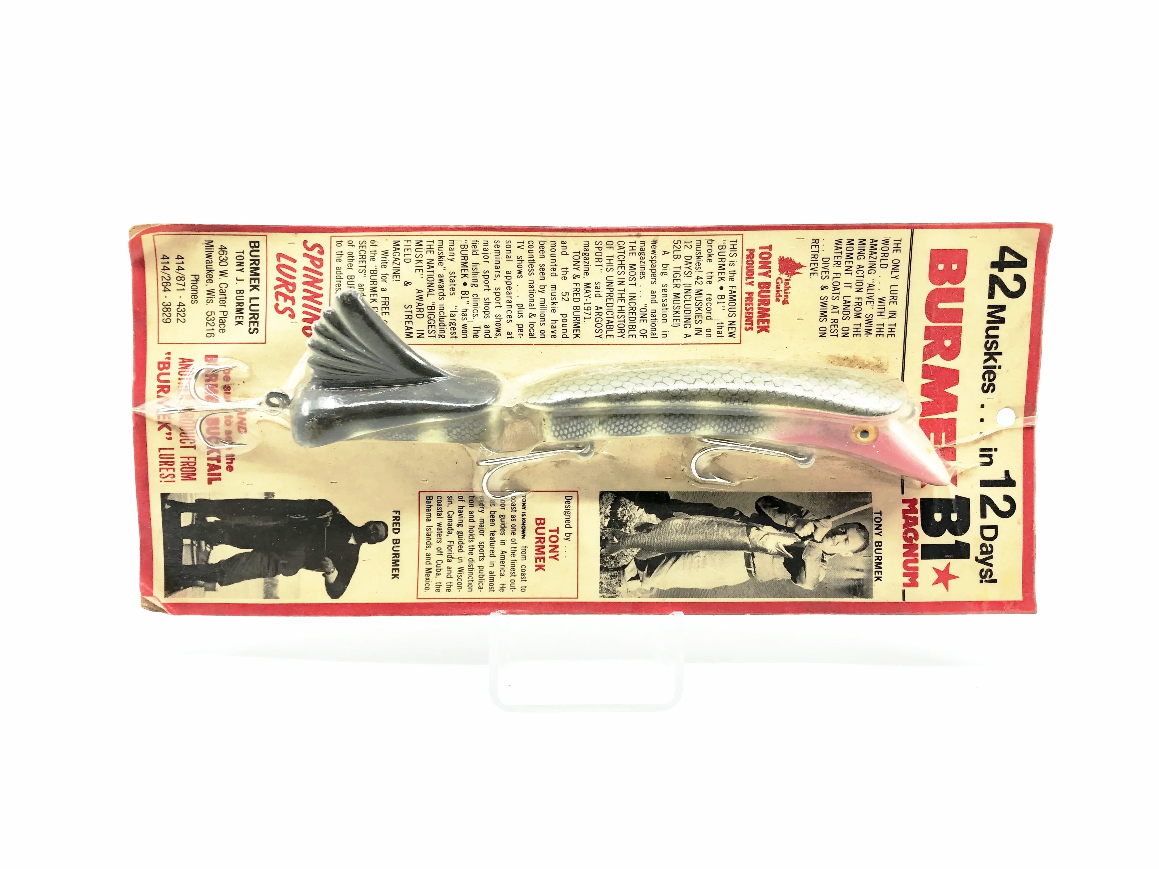 burmek fishing lures Tony Burmek B1 Magnum Musky Lure, Grey Scale & Ribs Color New on Card Old  Stock
