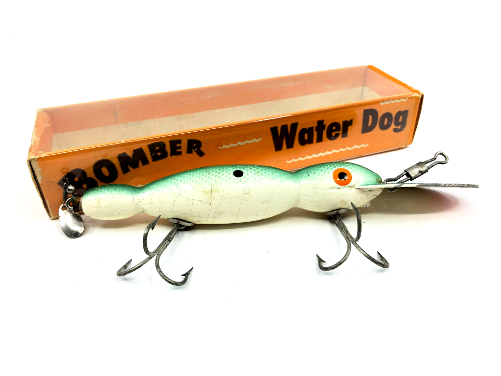 Vintage Wooden Bomber Water Dog 1743 Green Shad Color with Box My Bait Shop, LLC Vintage Wooden Bomber Water Dog 1743 Green Shad Color with Box My Bait Shop, LLC