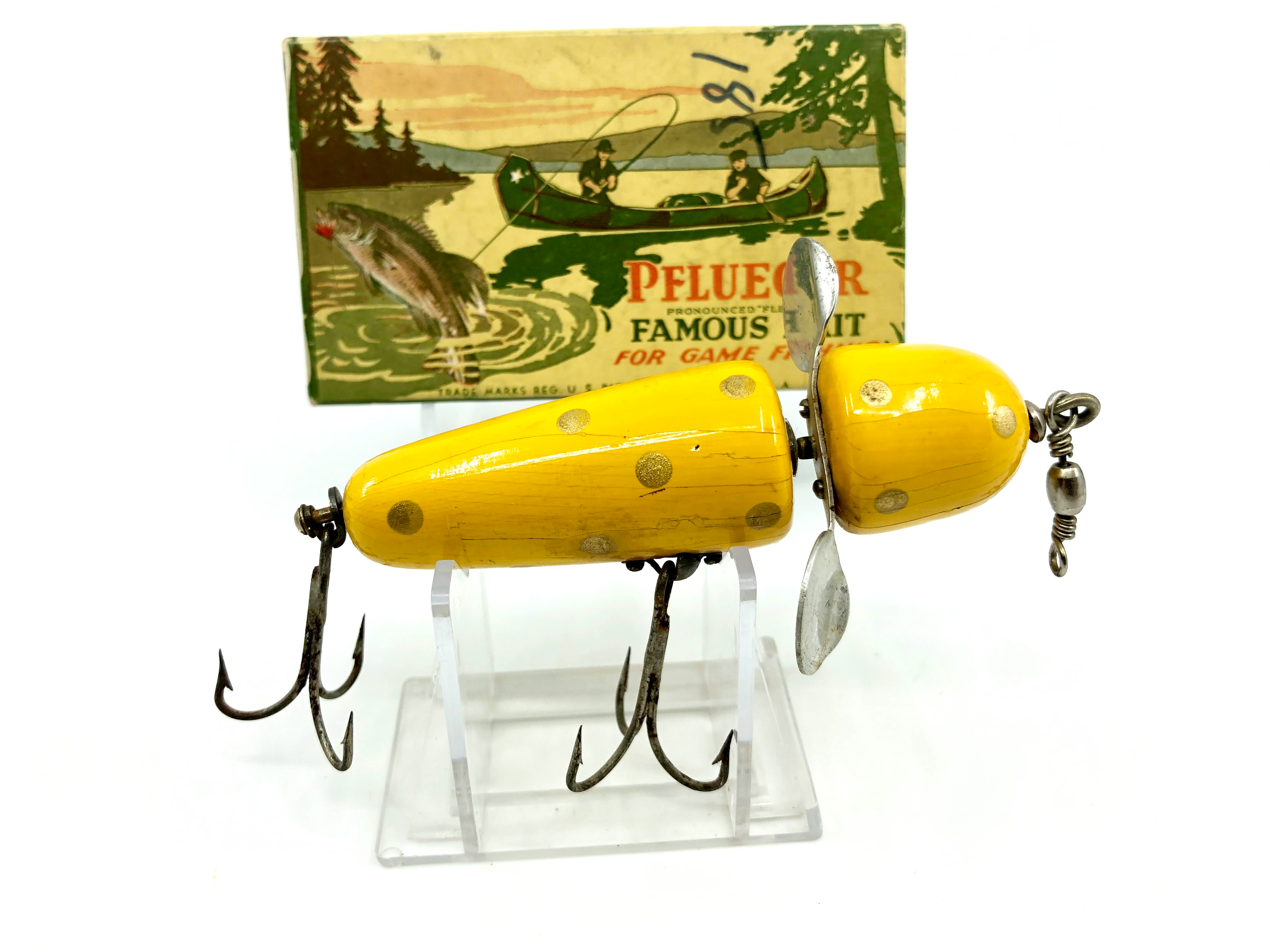 antique pflueger fishing lures Pflueger Globe 3750 Yellow Gold Spots Color with Vintage Box Small Size