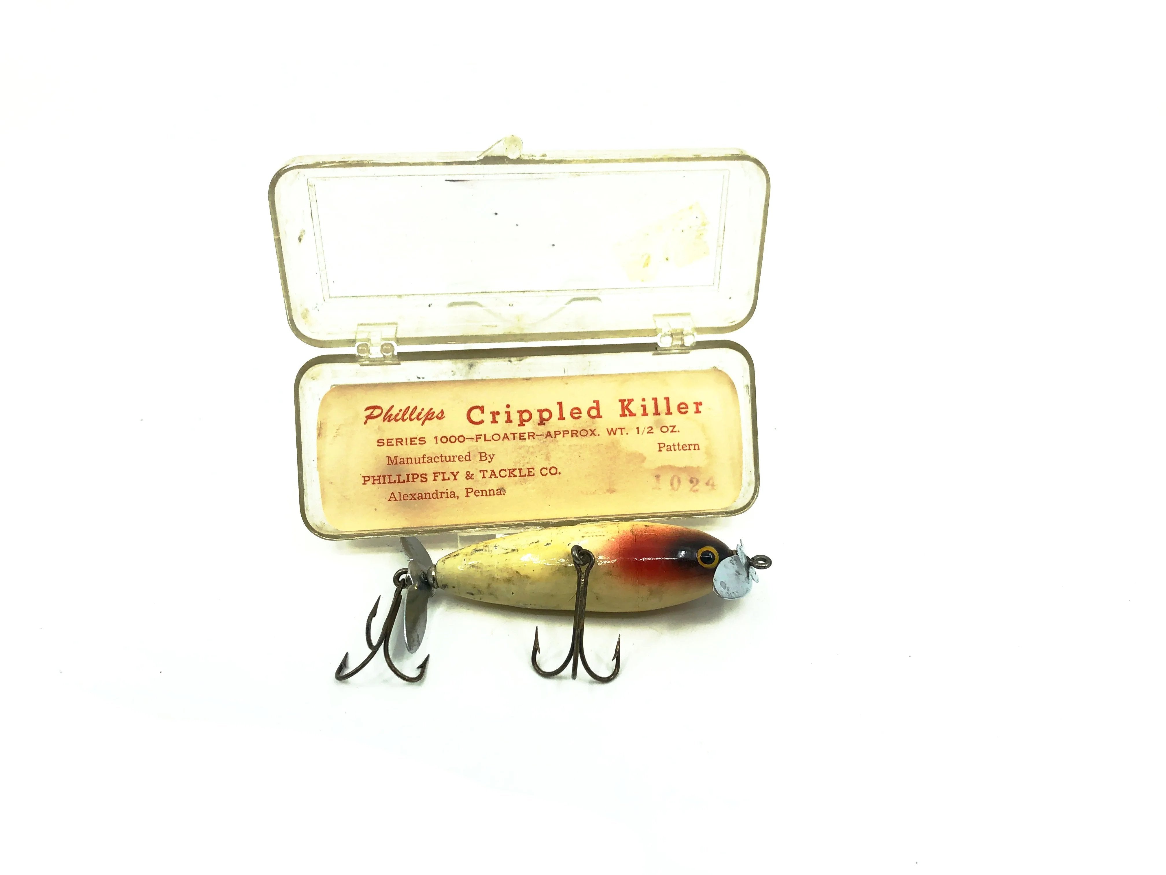 crippled killer fishing lure Vintage Phillips Crippled Killer, White/Red Color with Box
