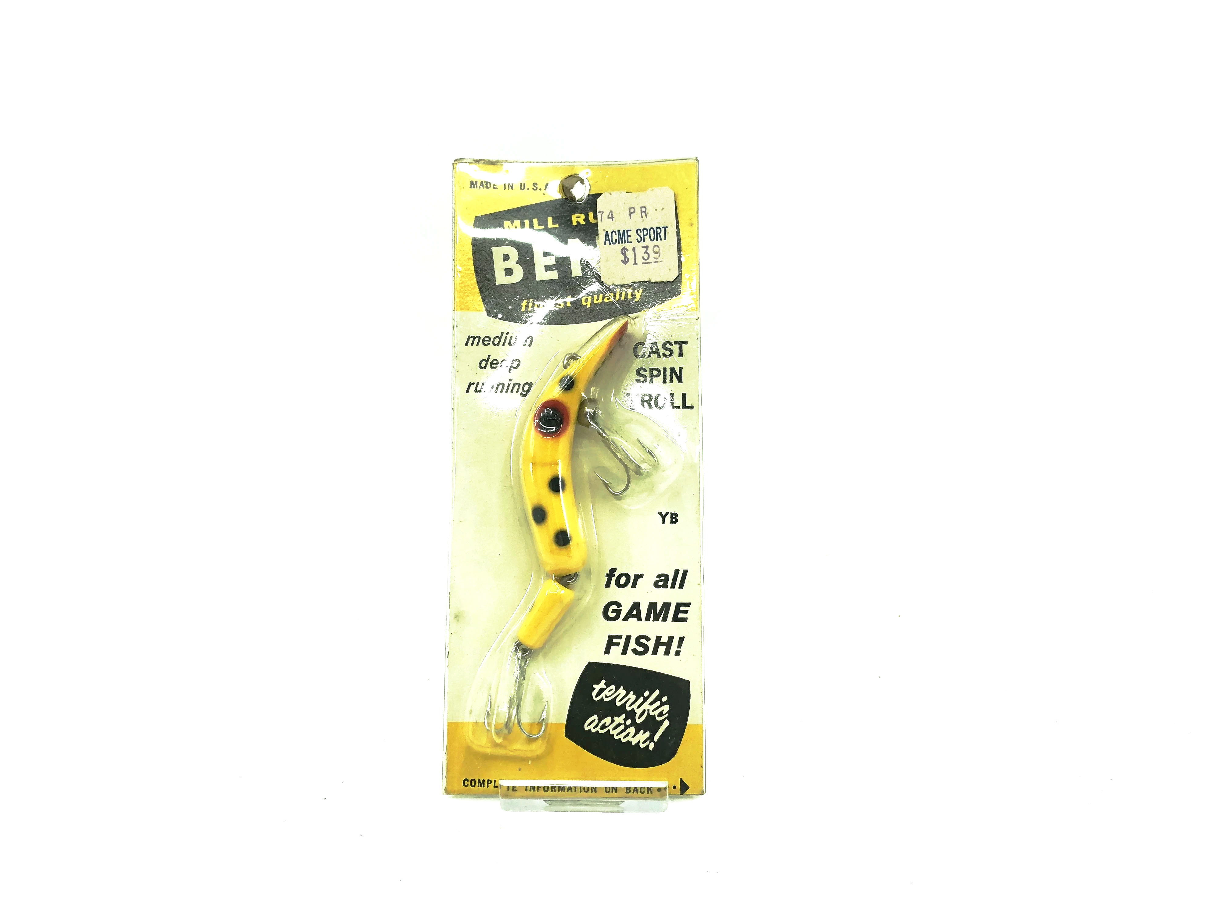 beno fishing lures for sale Mill's Run Beno Lure Jointed Yellow Black Spots Color New on Card