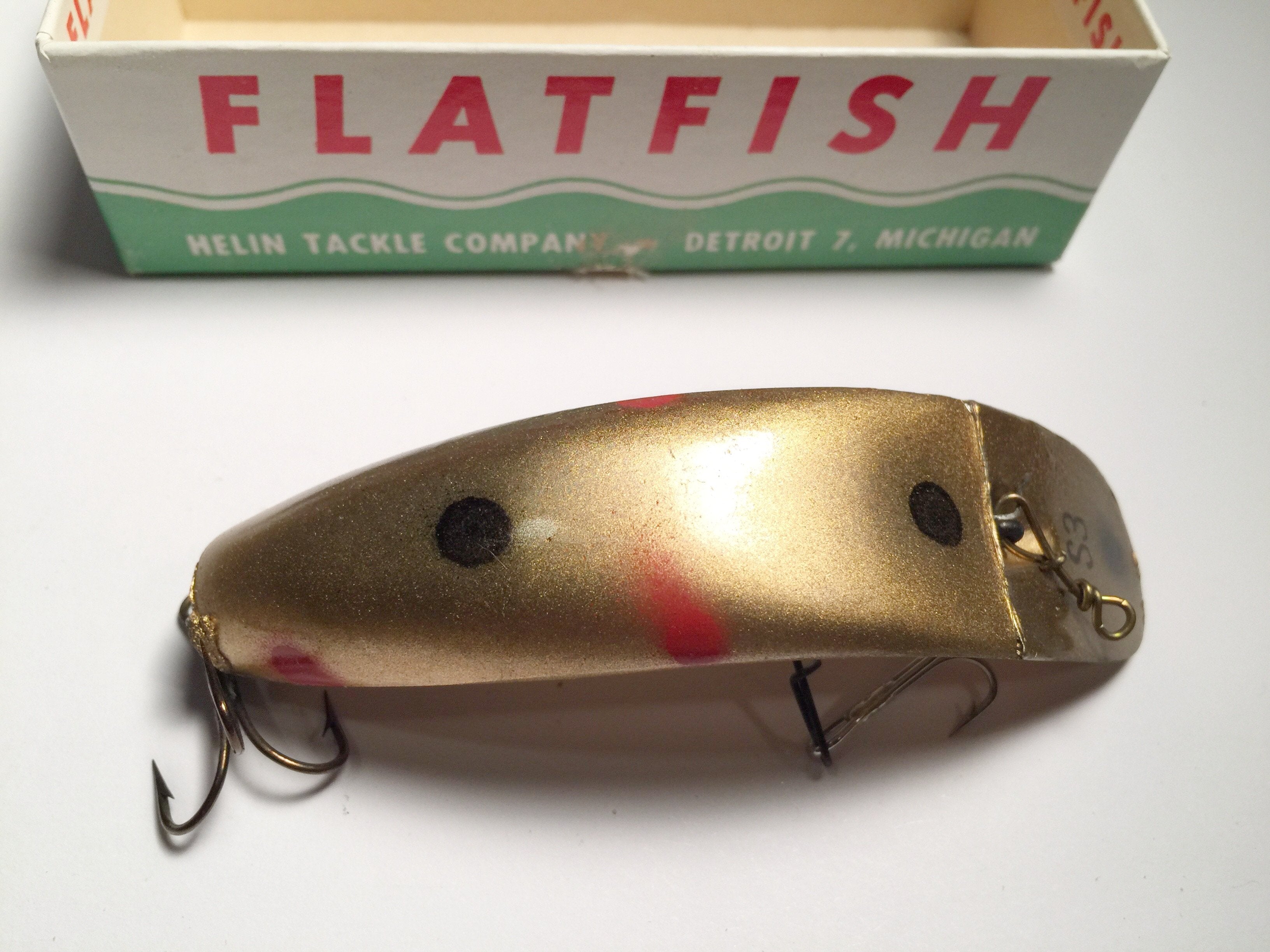 Leurre Ancien Helin Flatfish S3 - 1933 - 3 1/2 Pouces - Orange Tacheté