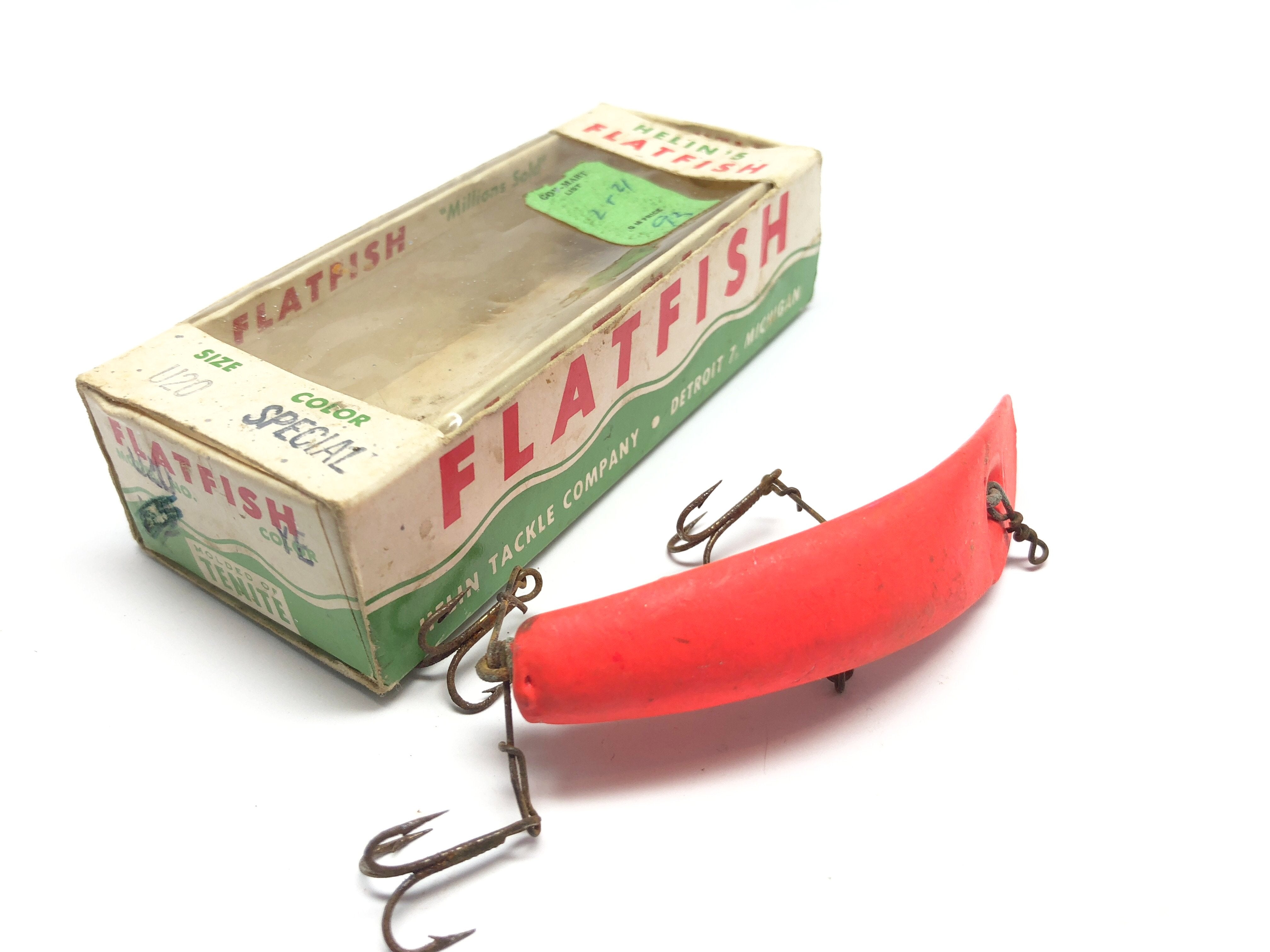 antique u20 fishing lure Luhr Jensen Kwikfish Grinch; 5 9/16 in Rigged with size 3/0 treble hooks and dives unassisted to 15 to 17 feet deep The South's Finest Array of