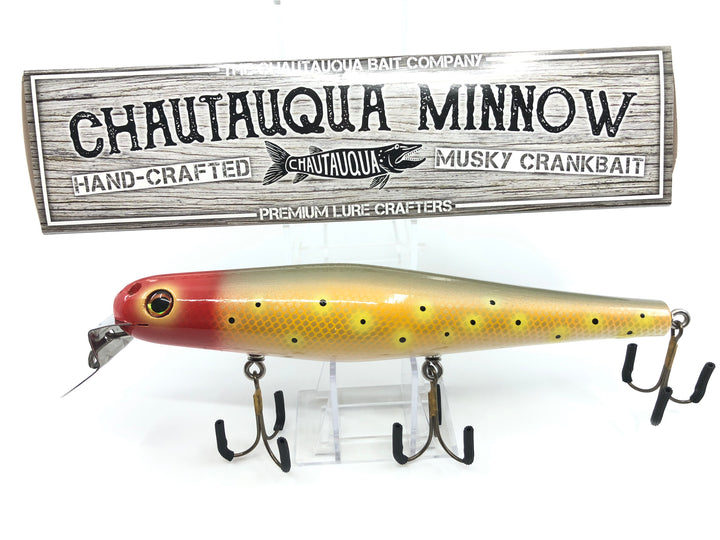Chautauqua 8" Minnow Musky Lure Special Order Color "Red Head Orange with Black Spots"