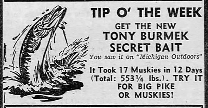1957 Ad for Tony Burmek Secret Bait