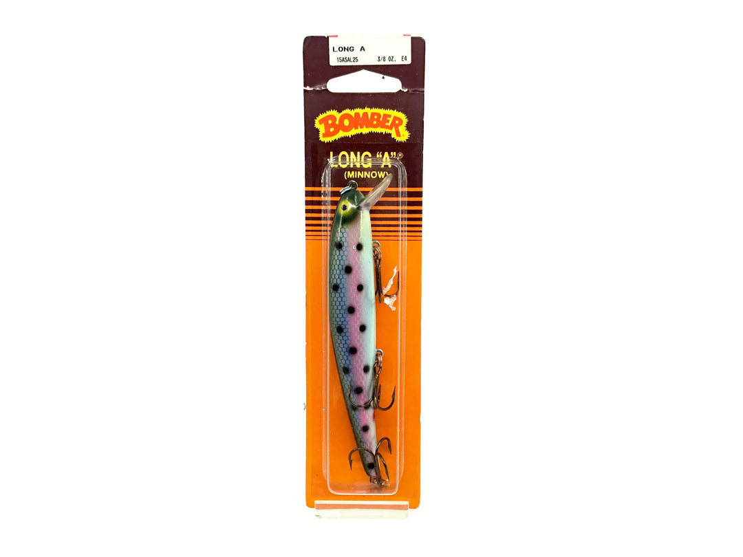 Bomber Long A 15A, SAL25 Rainbow Trout Green & Pink/Black Spots/Silver Scale Color on Card