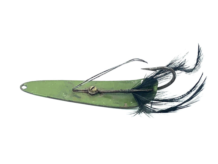 Vintage Weedless Spoon, Green/Yellow Spots Color w/Feather Tail