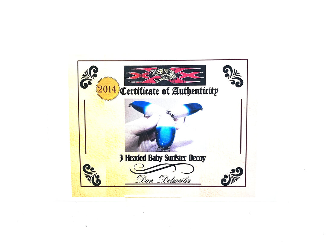 Musky Dan (XXX Lures) 3 Headed Baby Surfster Decoy, Blue Head/White/Flitter Color w/COA