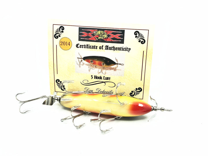 Musky Dan (XXX Lures) 5 Hook Lure, Yellow/Red Spots/Black Scale w/COA