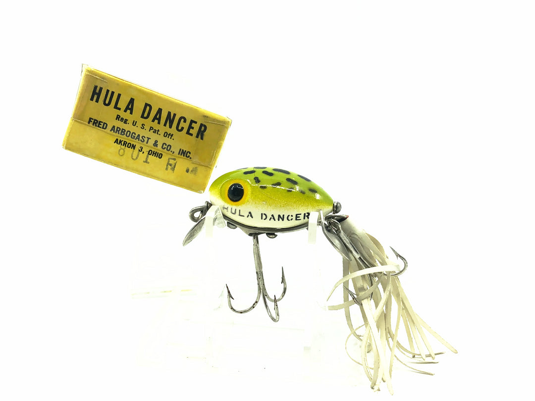 Arbogast Hula Dancer 800, Frog/White Belly Color/Box - Side Stencil