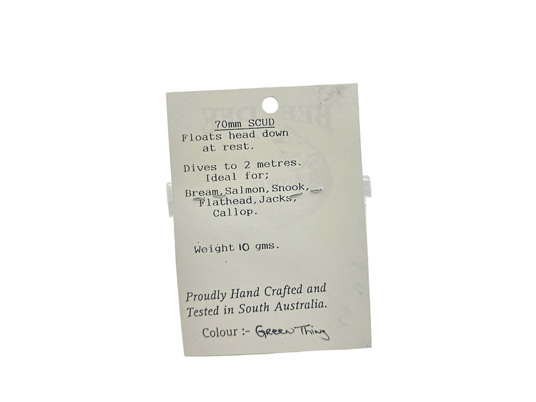 Bee Dee Lures 70mm Scudd, Green Thing Color on Card