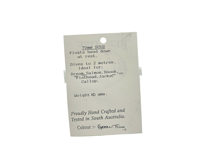 Bee Dee Lures 70mm Scudd, Green Thing Color on Card
