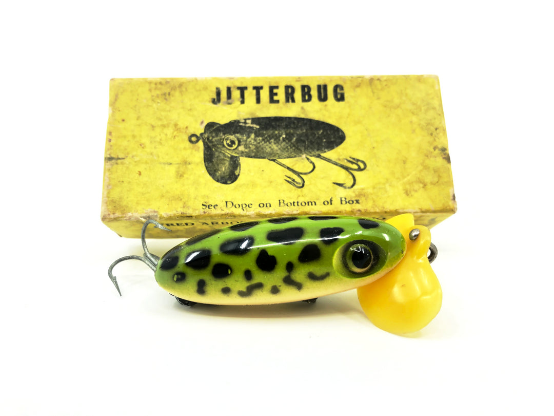 Arbogast Plastic Yellow Lip Jitterbug 1940's WWII Era, Frog/White Belly Color with 1941 Box - War Bug