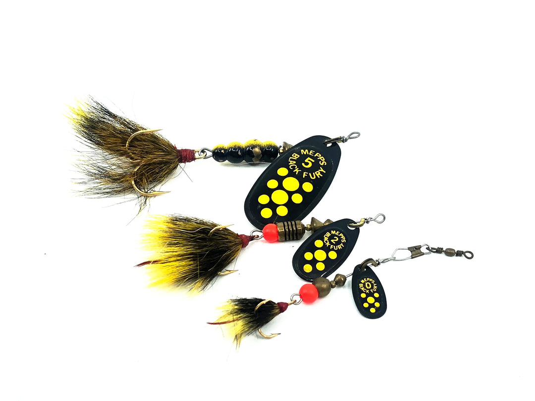 Mepps Black Fury Variety Trio, Yellow Treble/Black/Yellow Spots Color - Size 0,2,5