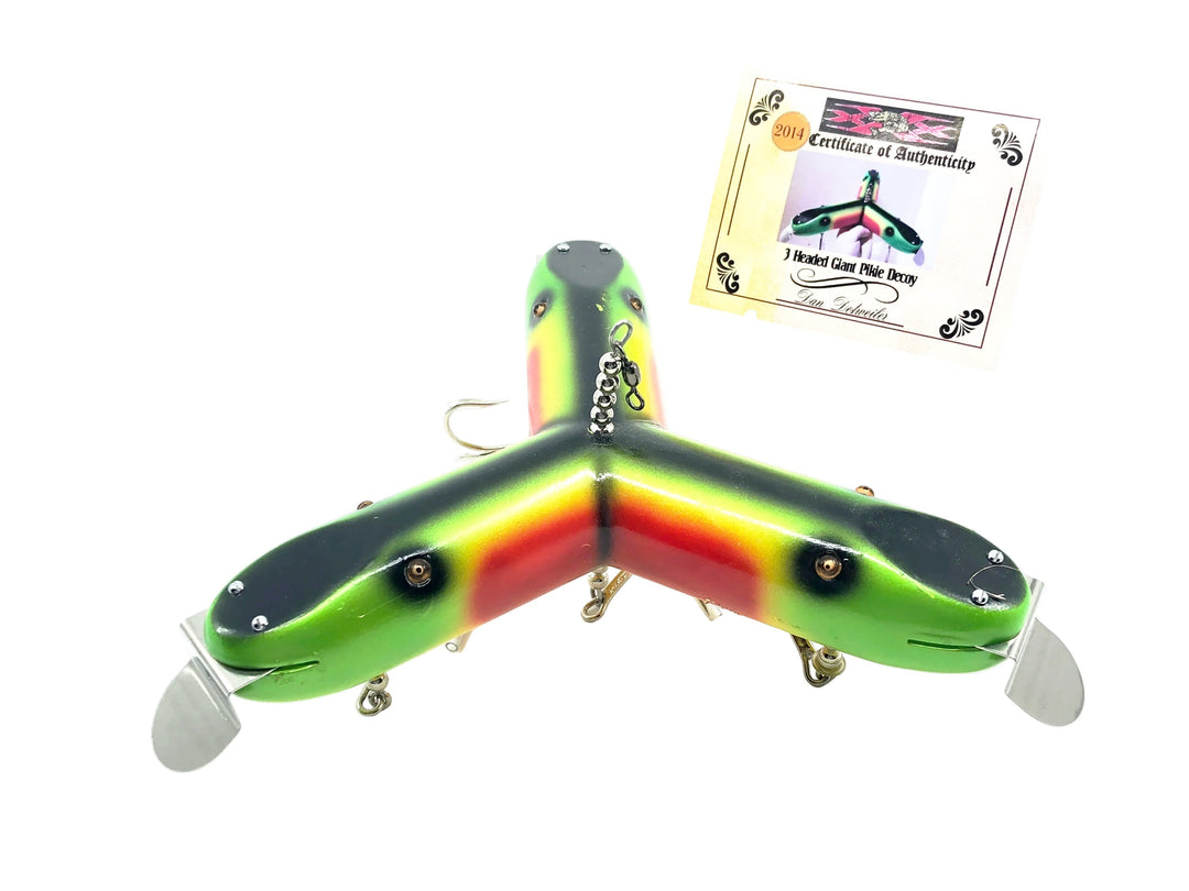 Musky Dan (XXX Lures) 3 Headed Giant Pikie Decoy, Rainbow Fire Color w/COA