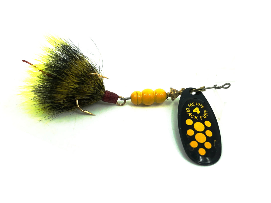 Mepps Black Fury #4, Yellow Dot Blade/Gray Yellow Tail Color