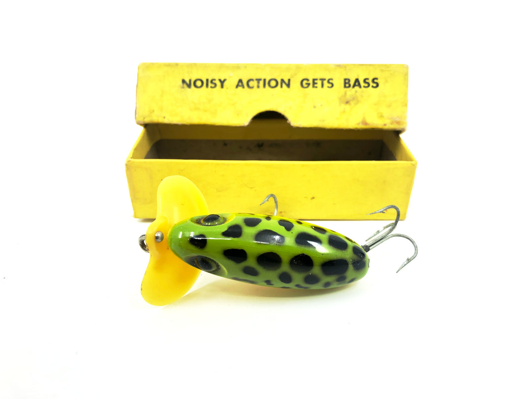 Arbogast Plastic Yellow Lip Jitterbug 1940's WWII Era, Frog/White Belly Color with 1941 Box - War Bug