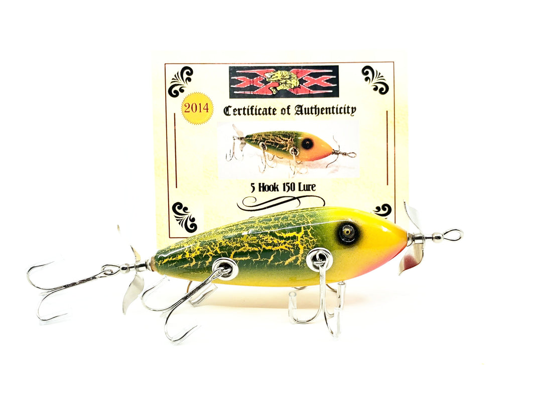 Musky Dan (XXX Lures) 5 Hook 150 Lure, Yellow/Green Crackle Back w/COA