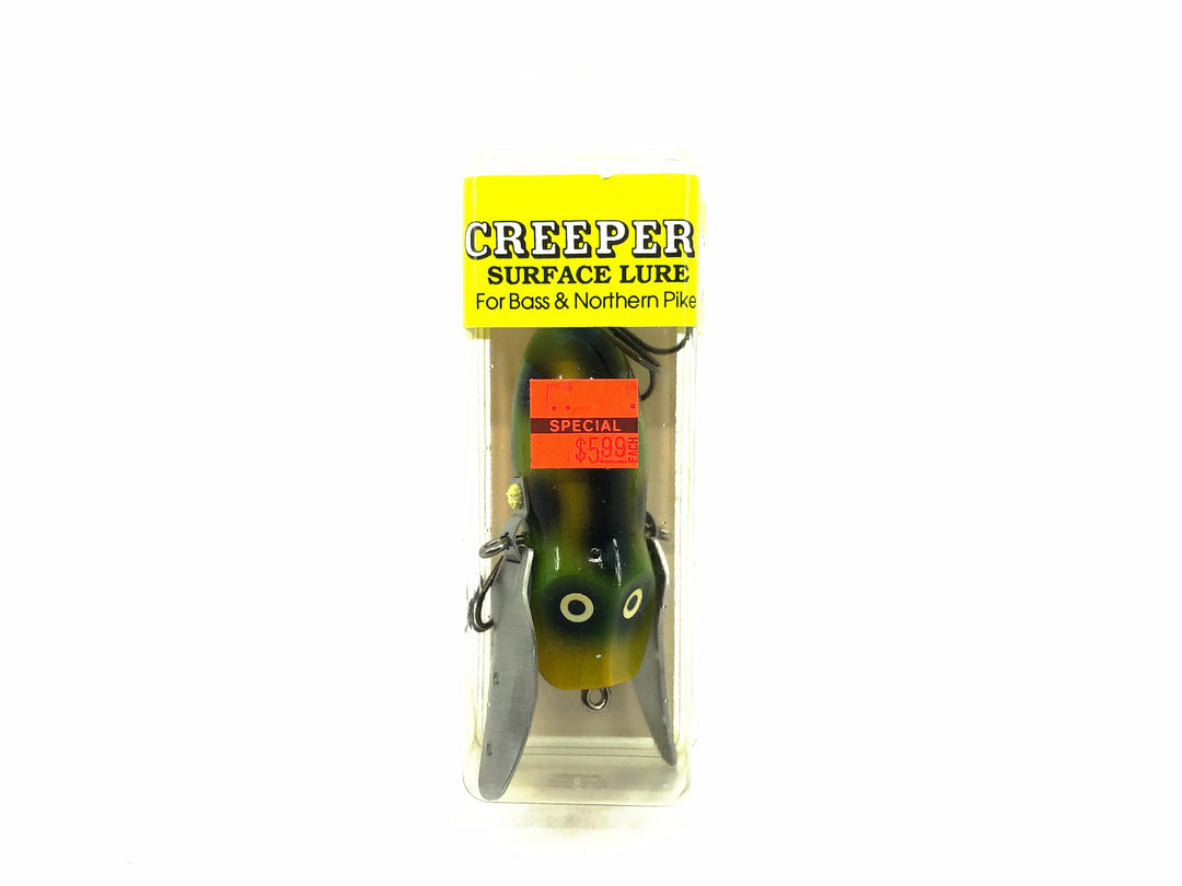Hi-Fin Bass Creeper Lure, Green/Black Dots/Yellow Belly Color in Box