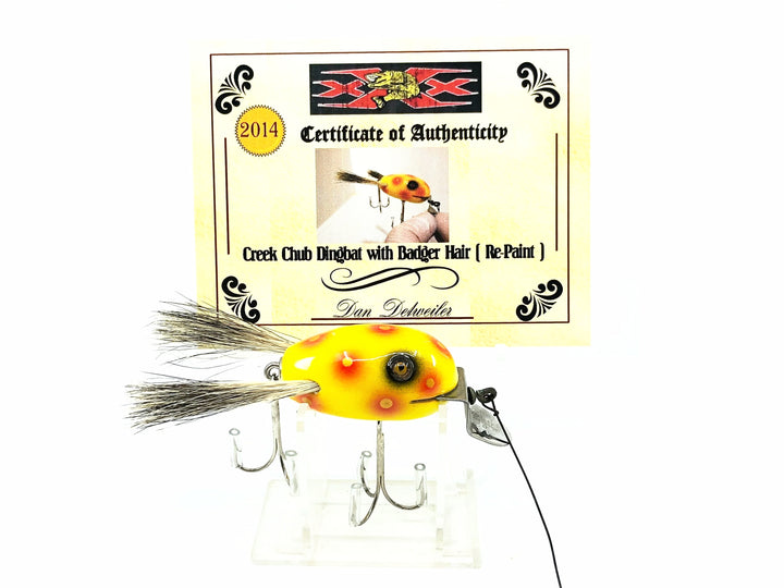 Musky Dan (XXX Lures) Repainted Creek Chub Dingbat w/Badger hair, Yellow/Spots w/COA