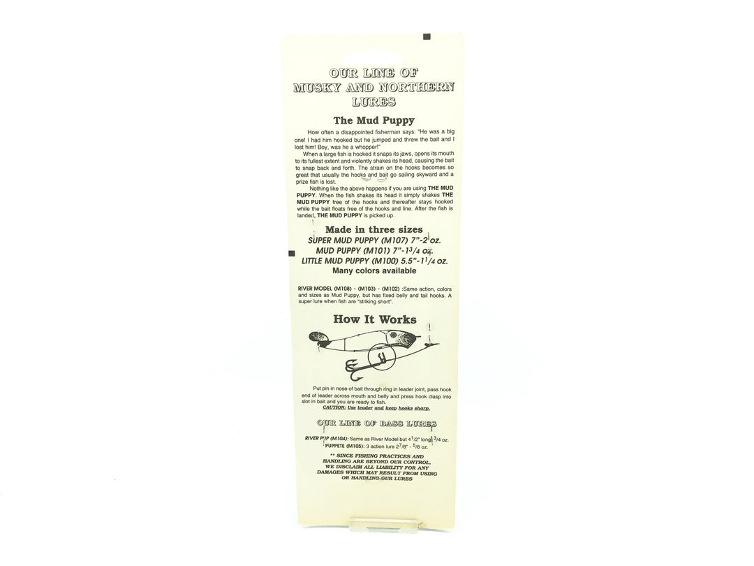 C.C. Robert's Mud Puppy River Surface Bait, Yellow/Black Ribs Color on Card