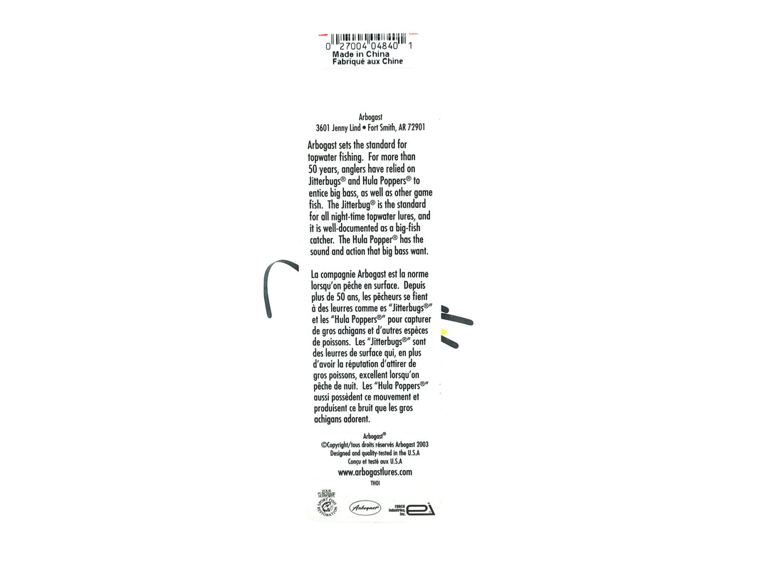 Arbogast Hula Popper, Yellow Coachdog Color
