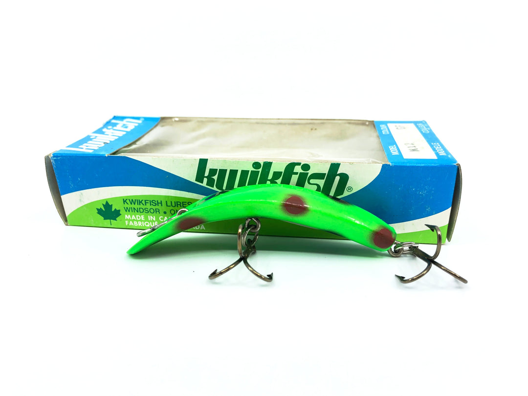 Pre Luhr-Jensen Kwikfish K12, GF Green Fluorescent/Black & Red Spots Color New in Box Old Stock