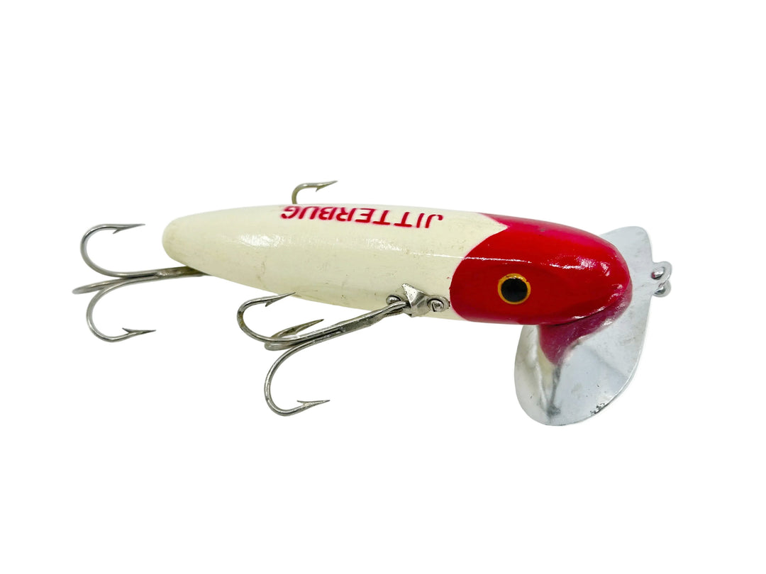 Arbogast Vintage Wooden 3-Hook Musky Jitterbug, Red Head/White Color