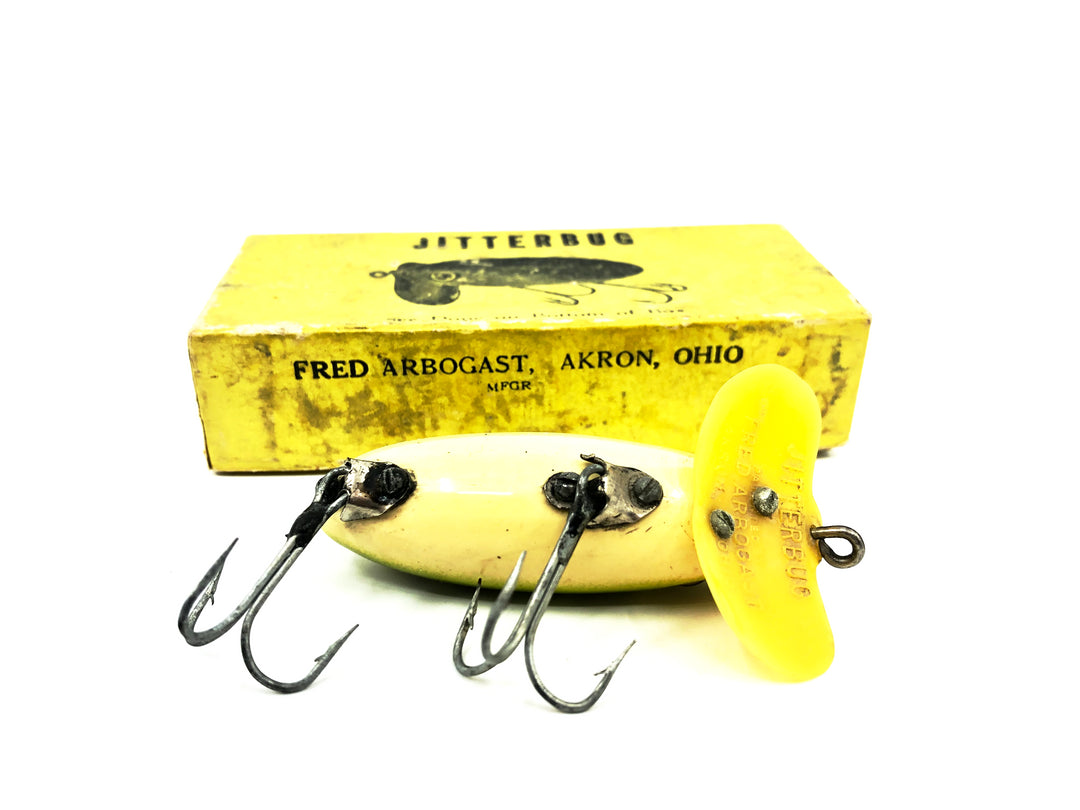 Arbogast Plastic Yellow Lip Jitterbug 1940's WWII Era, Frog/White Belly Color with 1941 Box - War Bug