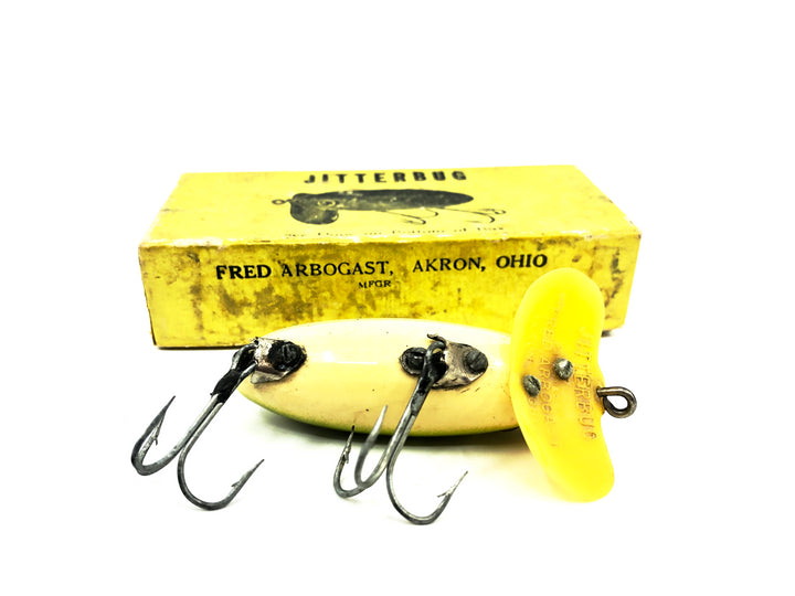 Arbogast Plastic Yellow Lip Jitterbug 1940's WWII Era, Frog/White Belly Color with 1941 Box - War Bug
