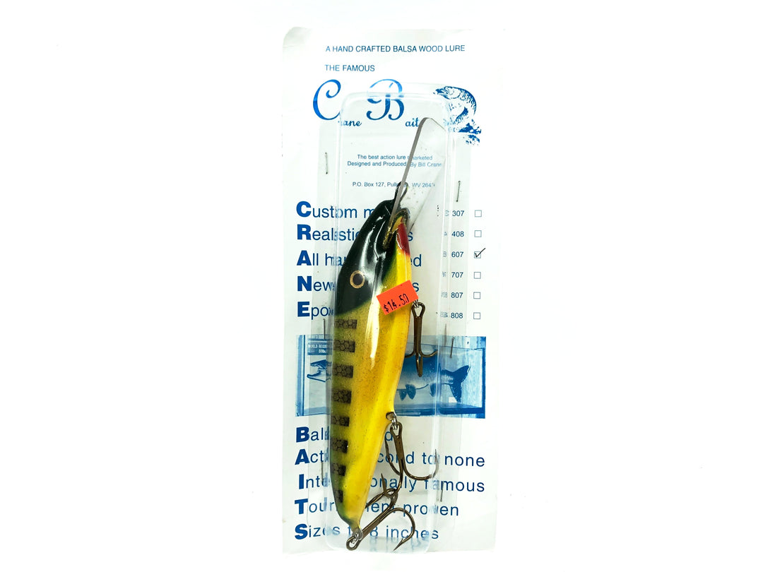Crane 607 Musky Lure, Green Perch/Yellow Belly Color, New on Card