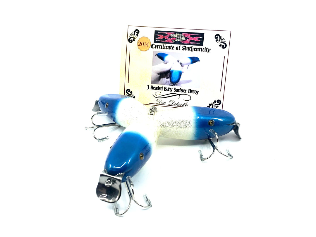 Musky Dan (XXX Lures) 3 Headed Baby Surfster Decoy, Blue Head/White/Flitter Color w/COA