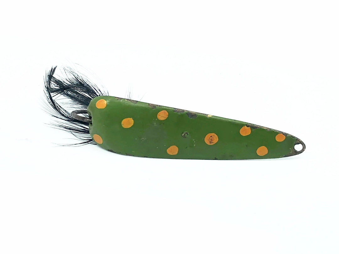 Vintage Weedless Spoon, Green/Yellow Spots Color w/Feather Tail