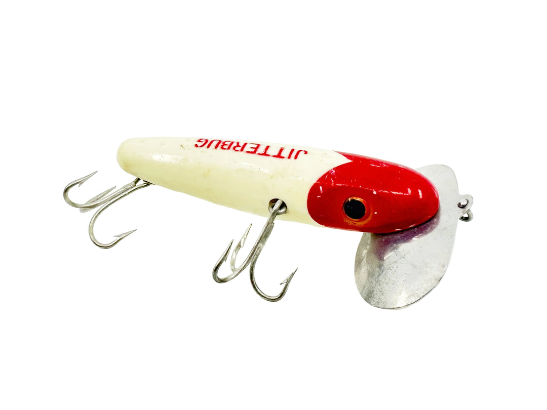 Arbogast Vintage Plastic 3-Hook Musky Jitterbug, Red Head/White Color