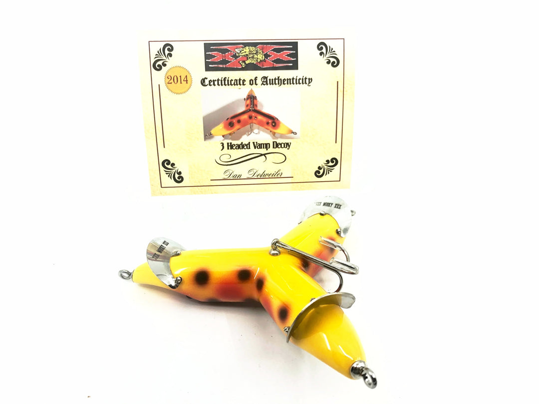 Musky Dan (XXX Lures) 3 Headed Vamp Decoy, Spotted Orange Color w/COA
