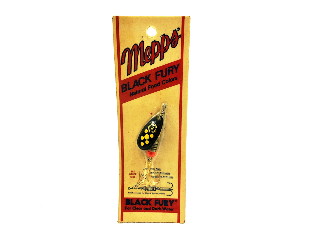 Mepps Black Fury #2, Plain Treble/Black/Yellow Spots Color on Vintage Card