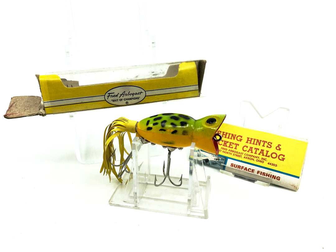 Arbogast Hula Popper 750 Bug-Eyed Model, Frog/Yellow Belly Color with Box