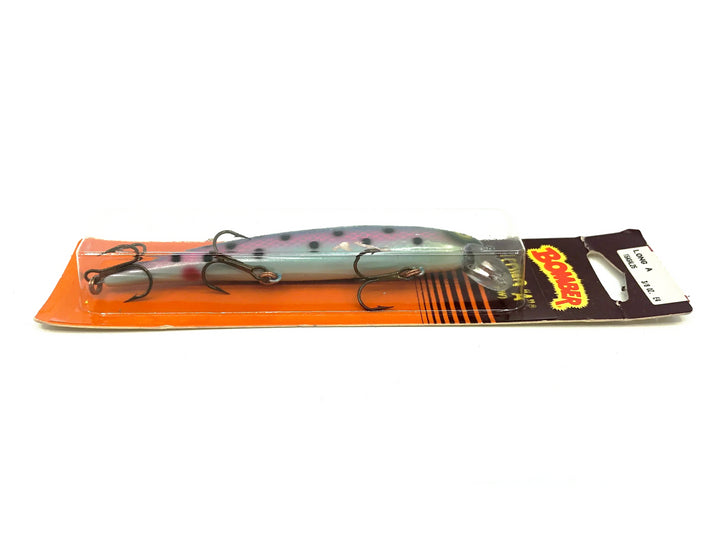 Bomber Long A 15A, SAL25 Rainbow Trout Green & Pink/Black Spots/Silver Scale Color on Card