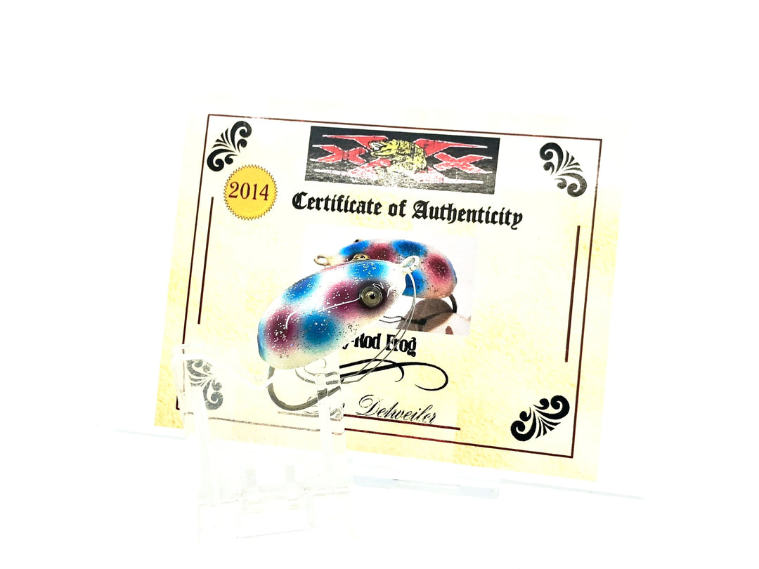 Musky Dan (XXX Lures) Fly-Rod Frog, White/Red & Blue Dots w/COA