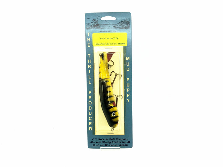 C.C. Robert's Mud Puppy River Surface Bait, Yellow/Black Ribs Color on Card