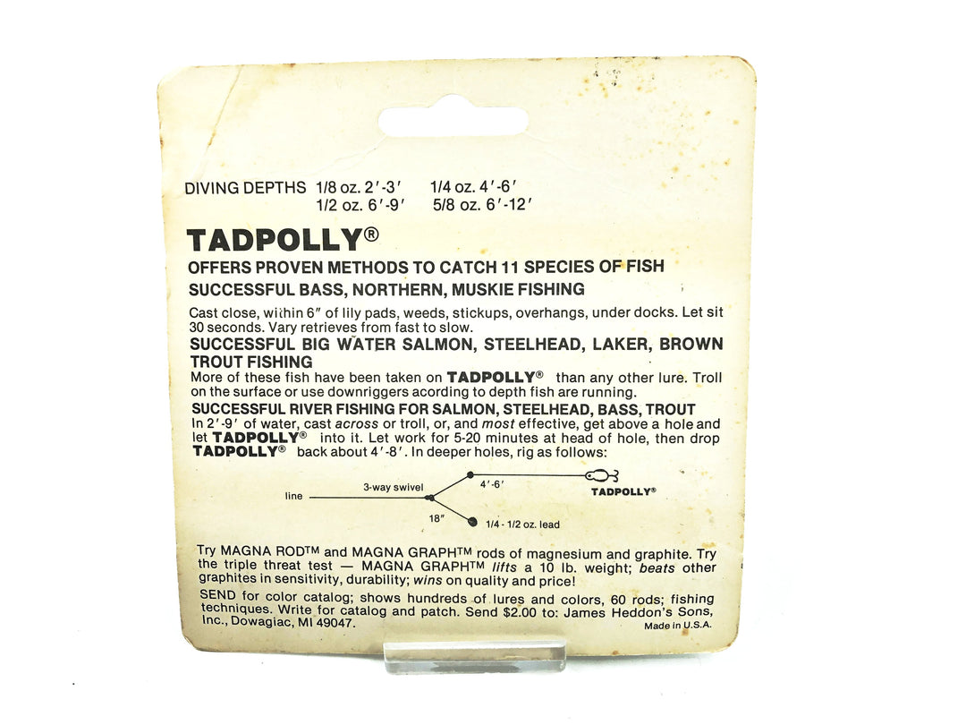 Heddon 9000 Tadpolly Spook, SO Spotted Orange Color on Card