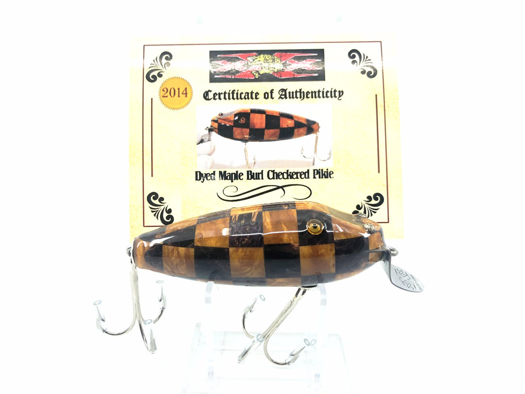 Musky Dan (XXX Lures) Pikie, Dyed Maple Burl Checkered Pikie Color with COA